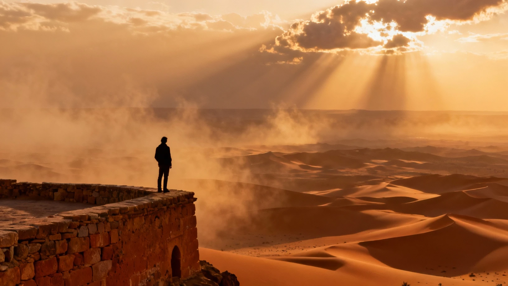 Voyageur contemplant un paysage desert au coucher du soleil
